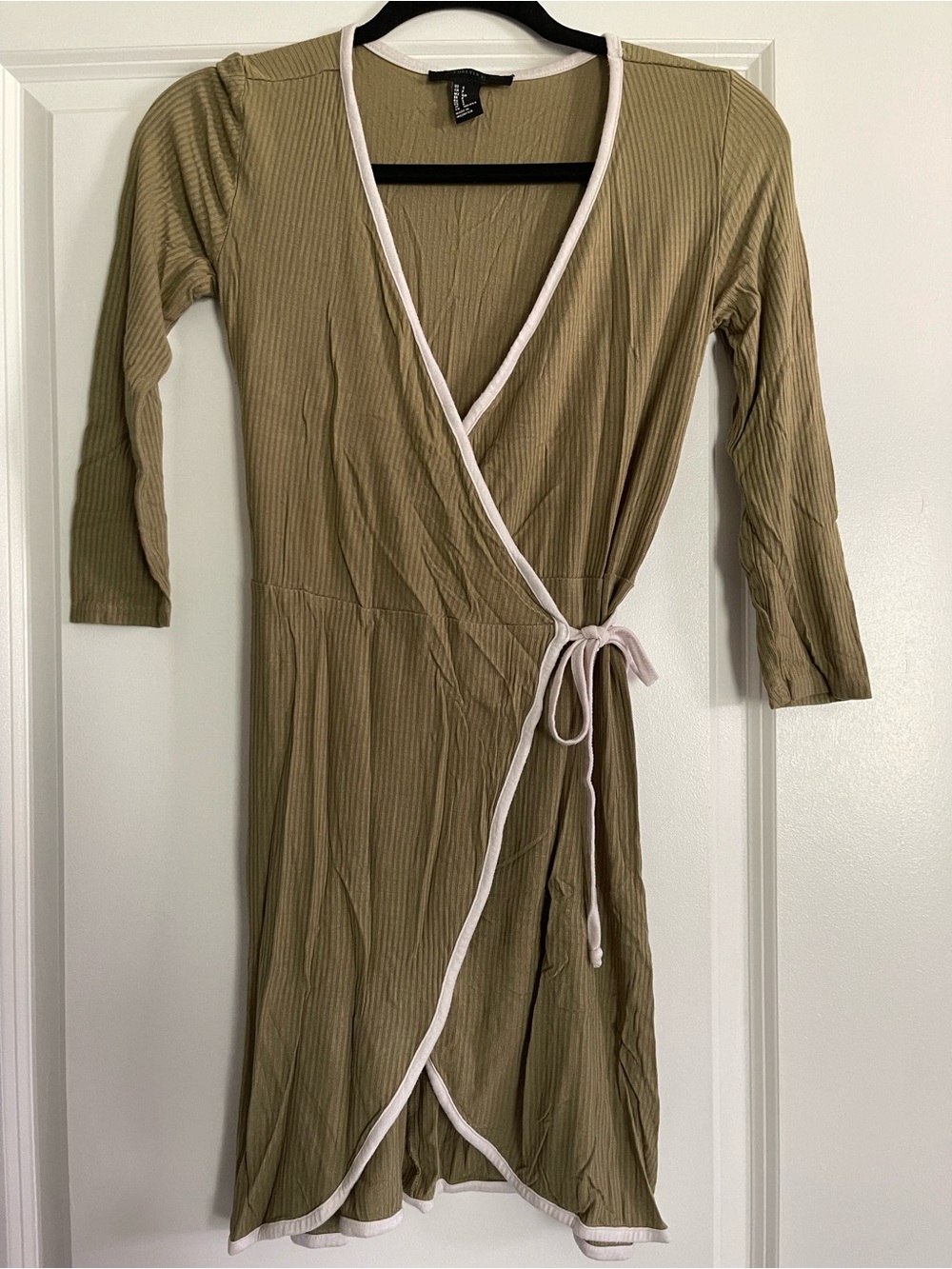 Forever 21 Olive Green Ribbed Wrap Midi Dress with White Trim